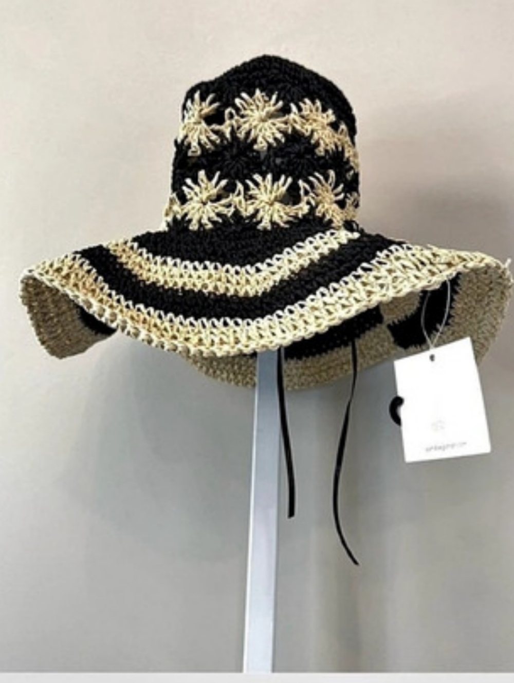 NWT San Diego Hat Company, Black & Cream Sunhat Elegant Flirty Striped Brim, S/M
